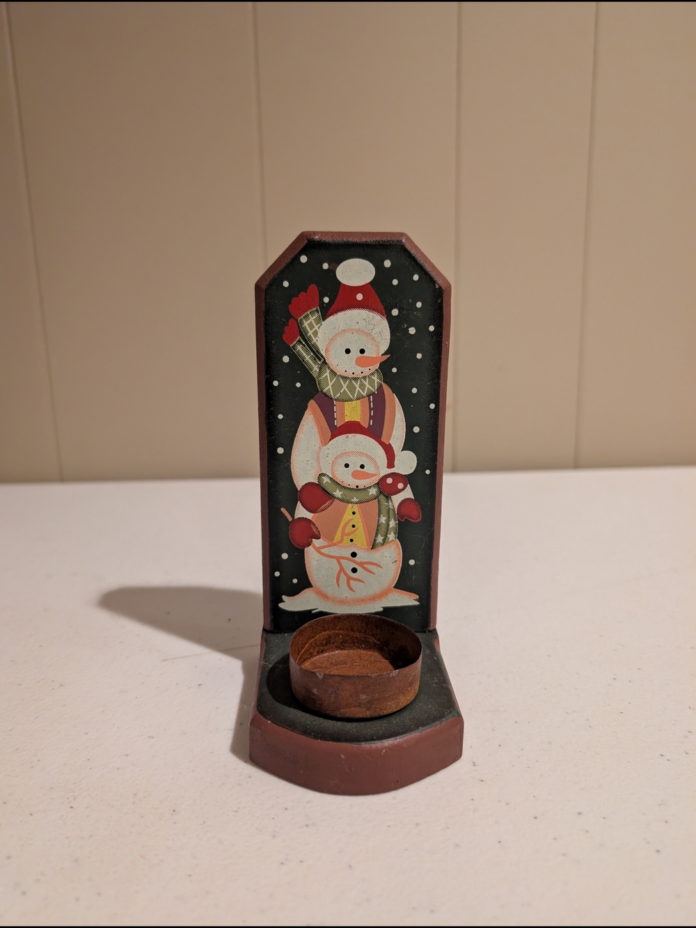 Hand-Painted Snowman Tea Light Holder - Red, Black, White